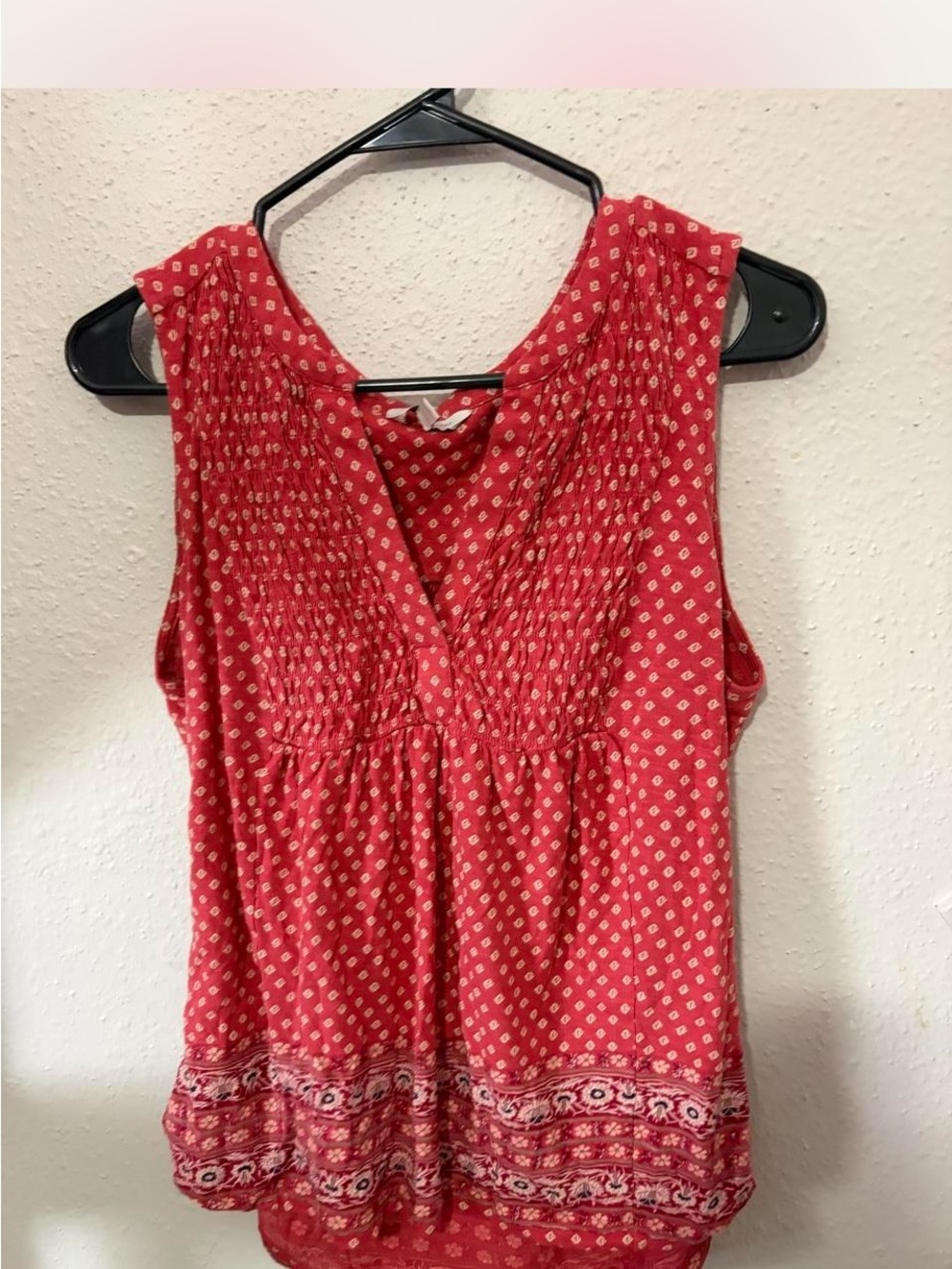 Lucky Brand Red Printed Smocked V-Neck Tank
